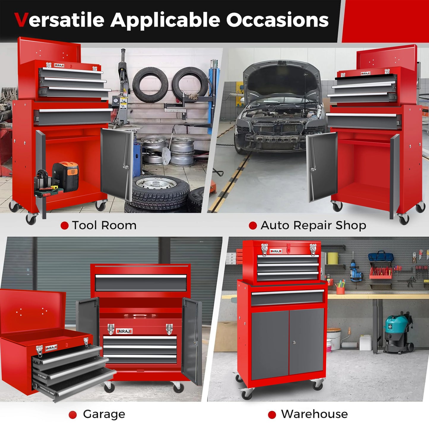 Double door four drawer rolling tool chest, lockable detachable top large tool cabinet, padded metal toolbox from PriceLows™