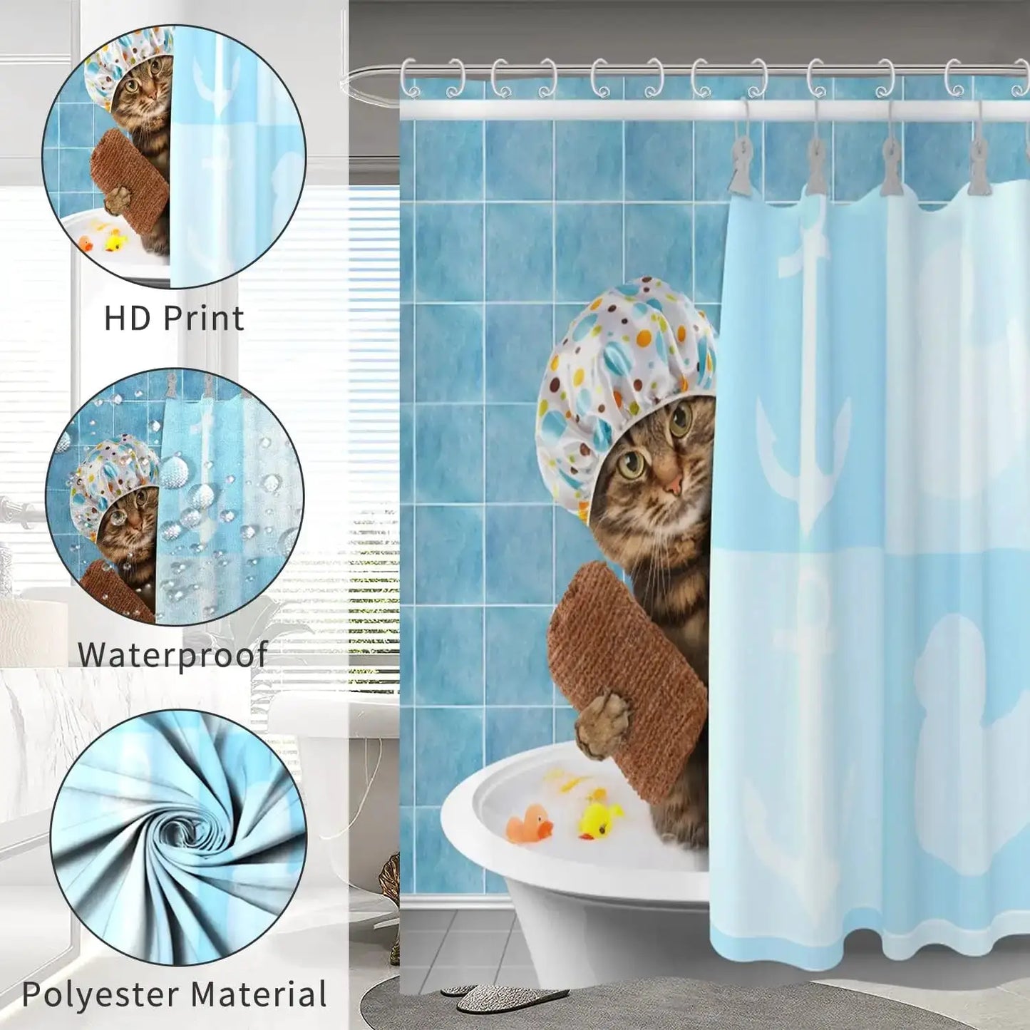 Cute Cat Blue Children Shower Curtain Waterproof Washable Polyester Material Bathroom Decorative Curtain with Hook from PriceLows™