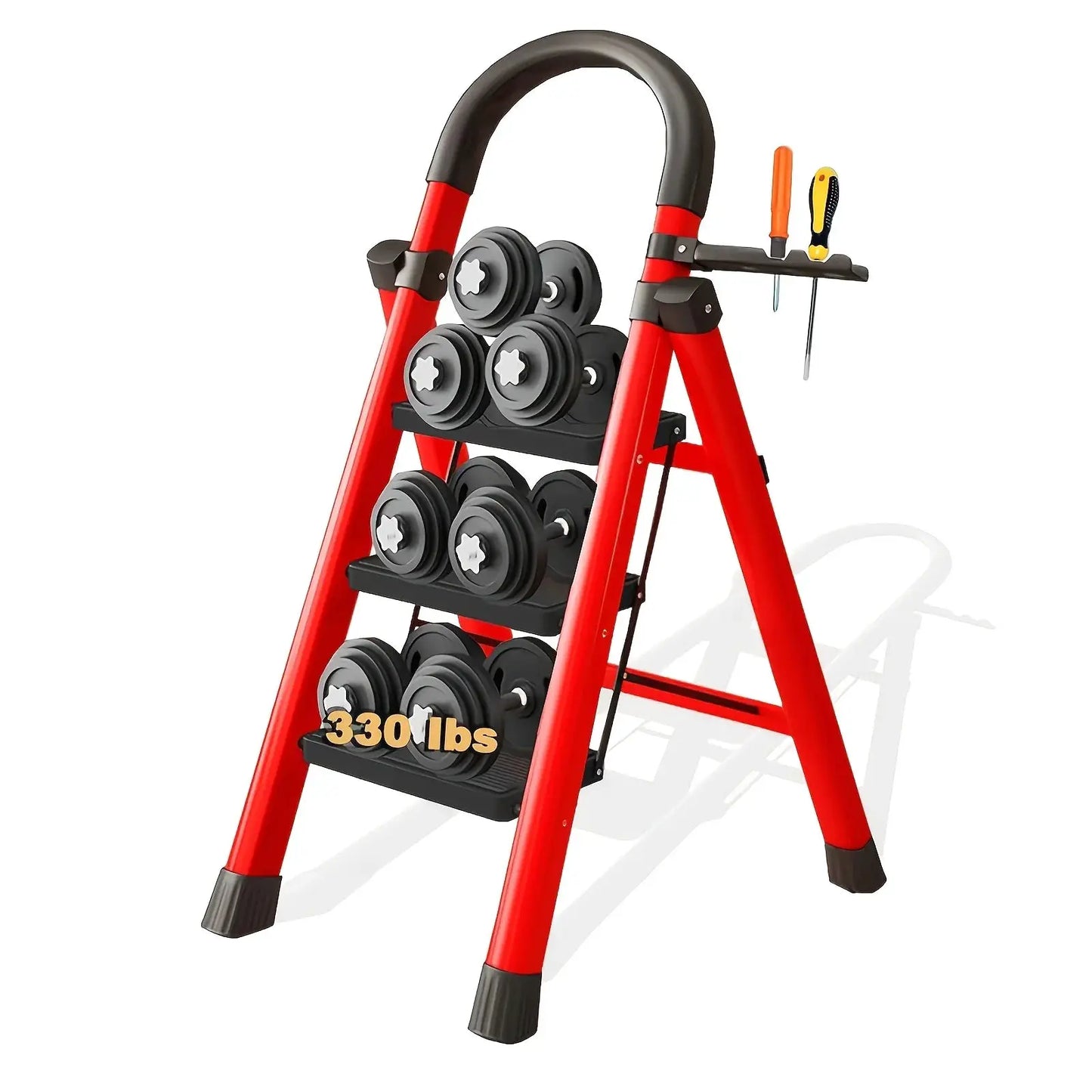330lbs Load-bearing Folding Ladder | Heavy-duty Steel Step Stool with Anti-slip Wide Treads, Handrails, Safety Lock Design, Black And Red Color Scheme, Portable Multi-functional Ladder for Home And Kitchen Use-CVNU from PriceLows™