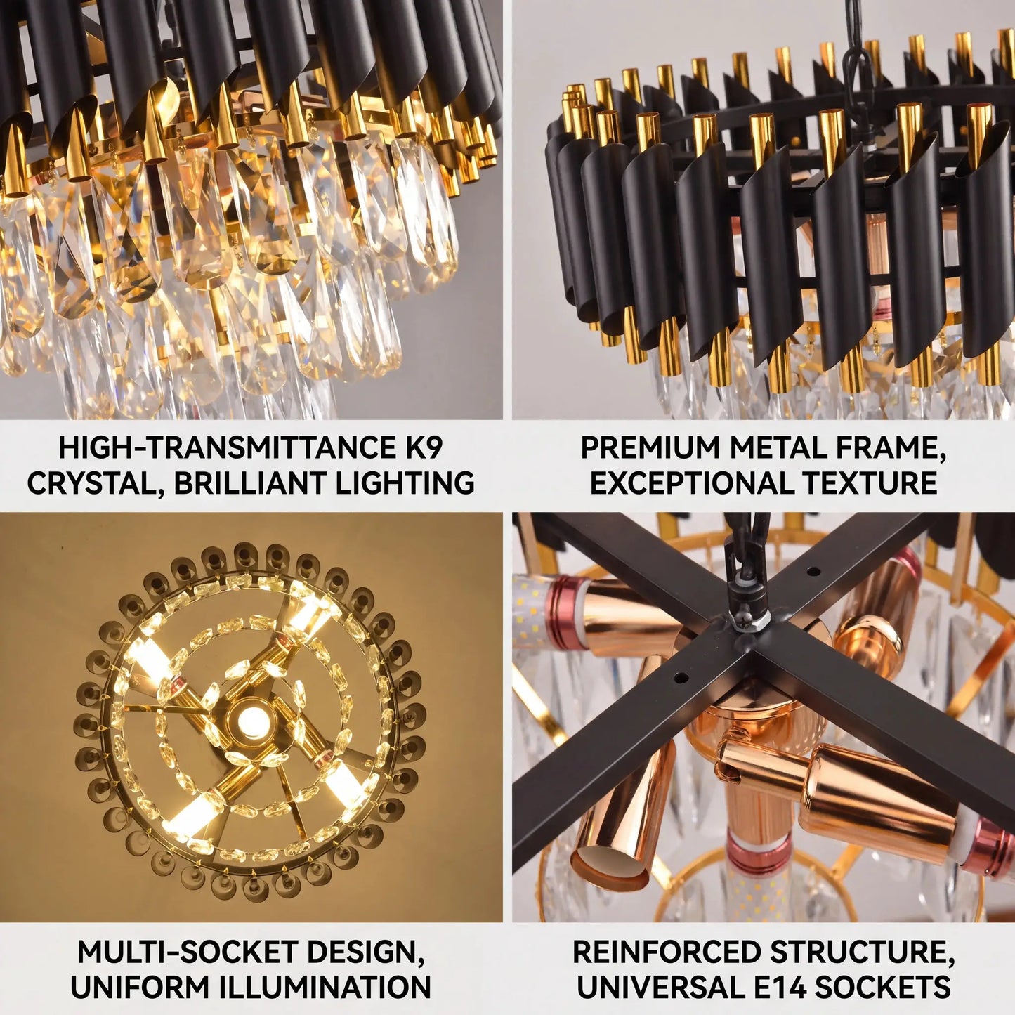 Modern Black and Gold Crystal Chandelier, Adjustable Chain Hanging Ceiling Light Fixture - dining room/living room/bedroom/foyer from PriceLows™
