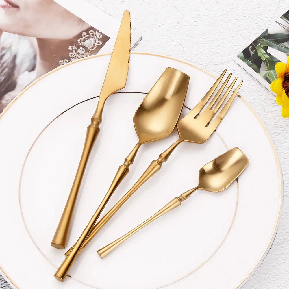 6/16/24Pcs Gold Tableware Stainless Steel 304 Cutlery Matte Dinner Set Western Knife Fork Spoon Mirror Elegant Flatware from PriceLows™
