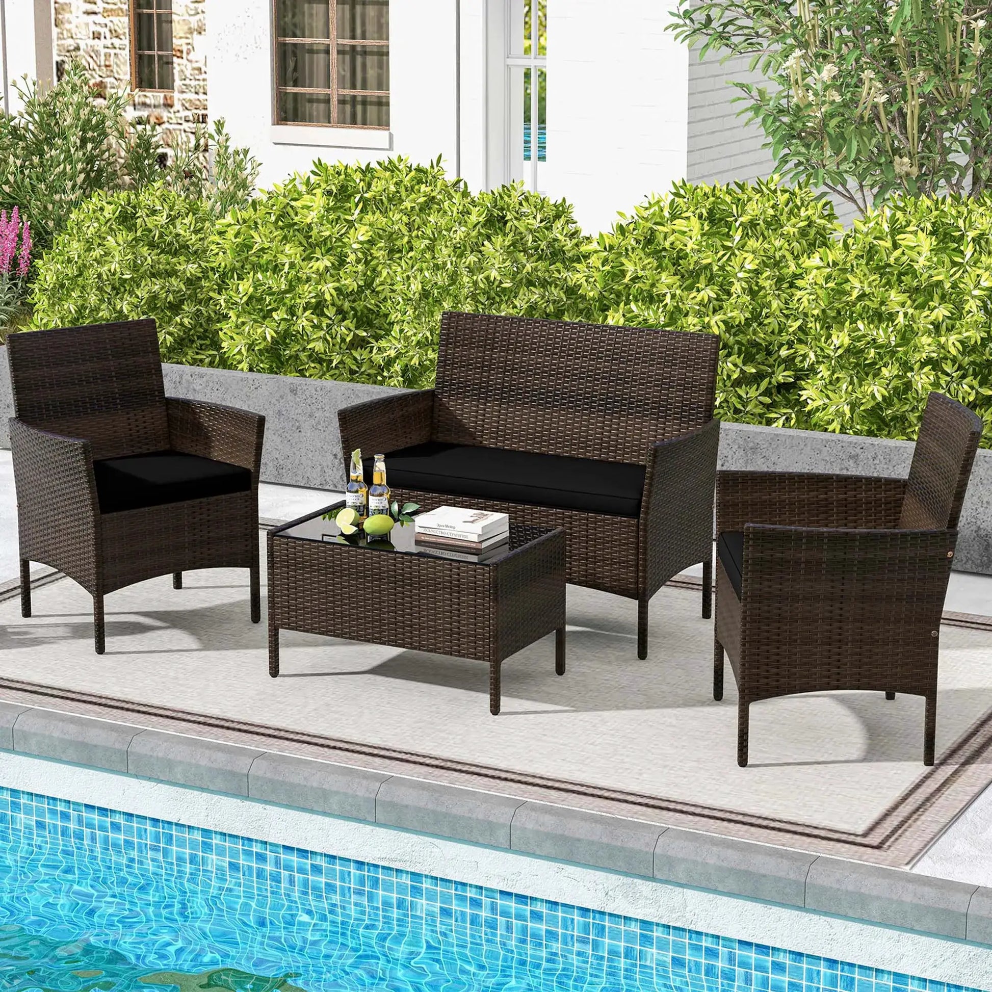 4 PCS Patio Furniture Set with Washable Cushions and Tempered Glass Coffee Table Black from PriceLows™