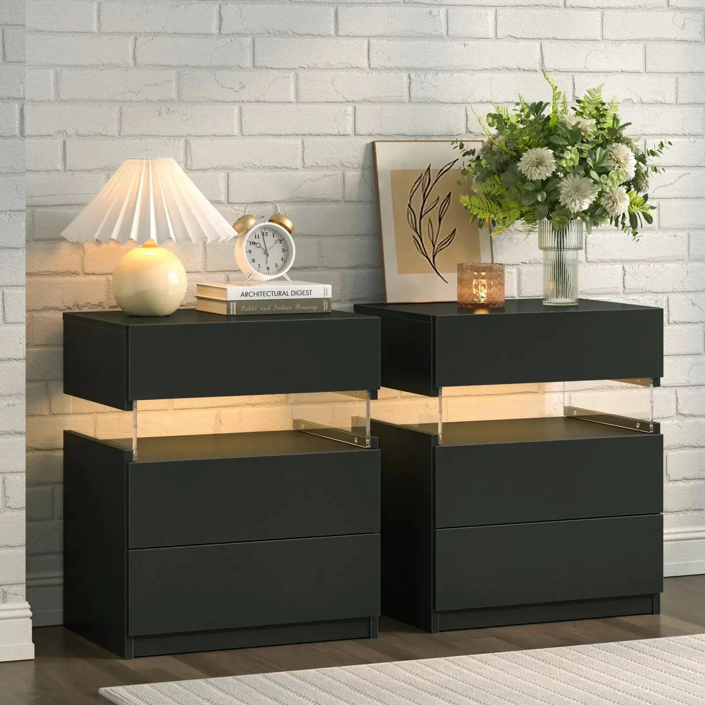 Cubehom Bedside Tables 2 Set with LED Lighting White Bedside Table with 3 Drawers Bedside Table for Bedroom from PriceLows™
