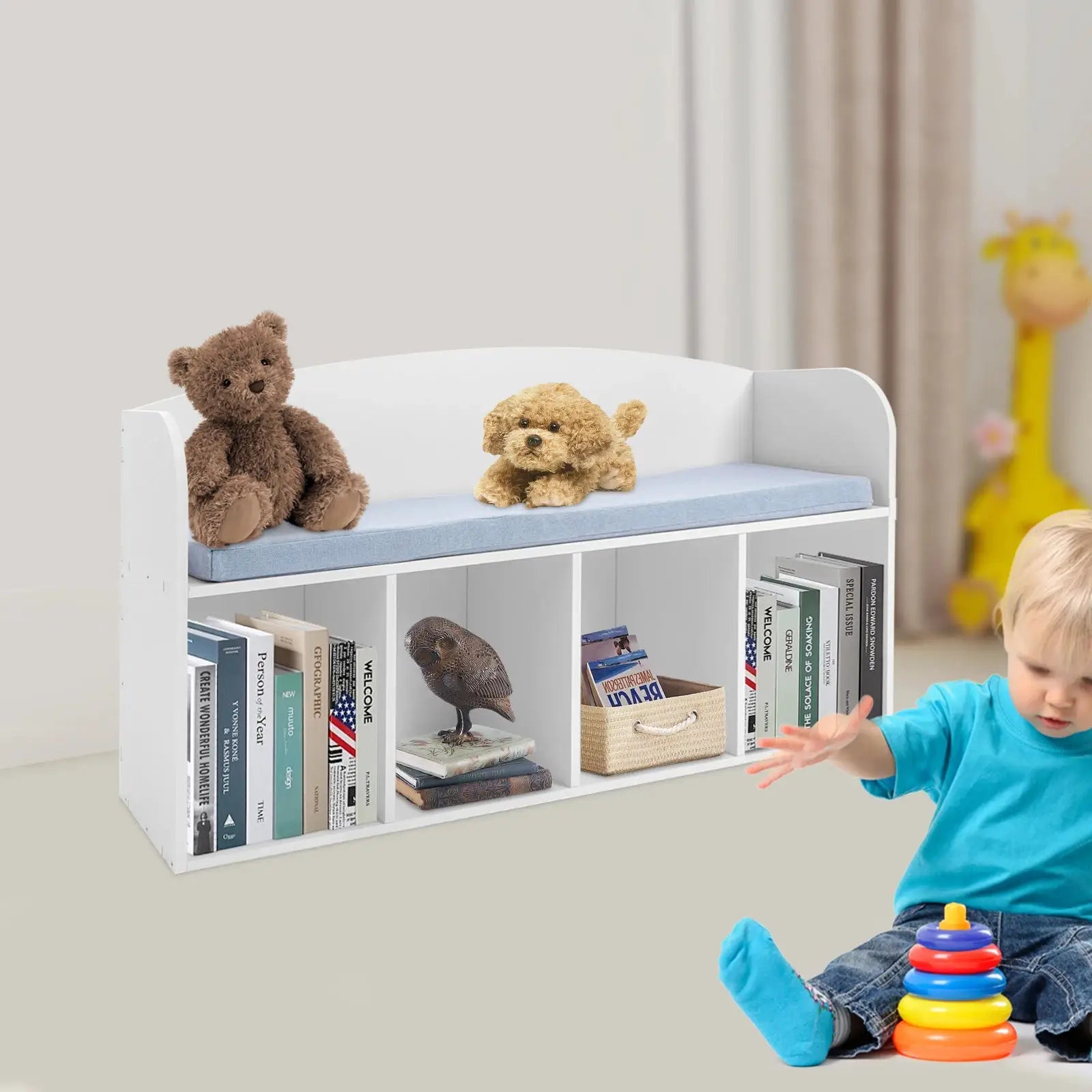Kids Bookshelf with Reading Nook - Soft Cushioned Corner Bench, 5-Tier Book Display & Storage Organizer, Space-Saving Bookcase from PriceLows™