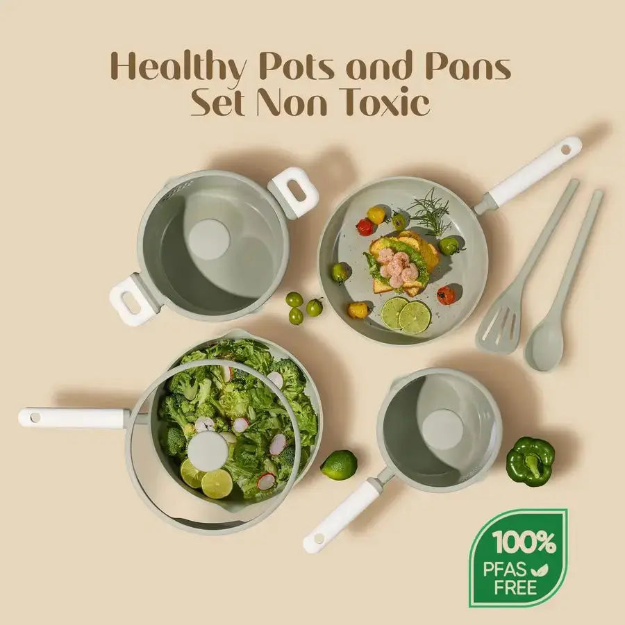 Pots and Pans Set Nonstick, Ceramic Cookware Set, Green Cooking Set Kitchen Induction Set with Steamer, PFAS PTFE Free,9 Piece from PriceLows™