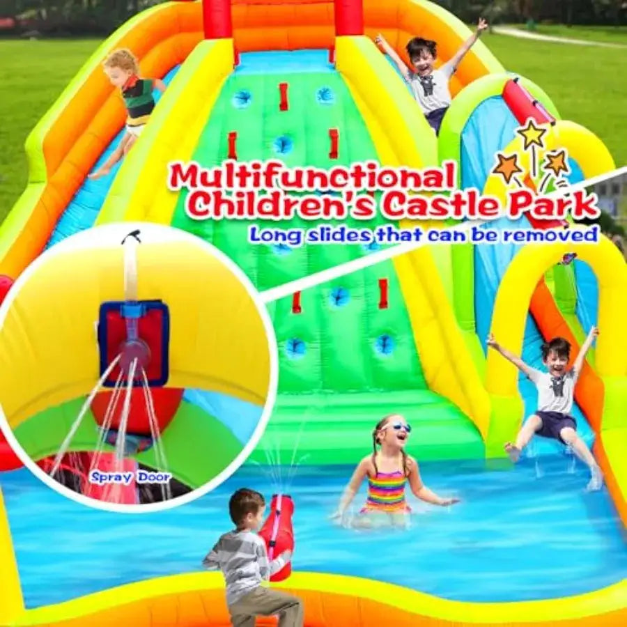 Inflatable Water Double Slides Park, Bounce House with Arched Water Gun Spray, Jumping Castle with Air Blower from PriceLows™