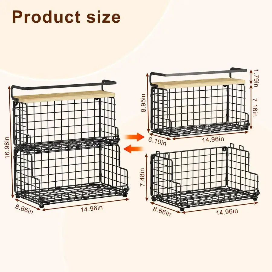 3Tier Stackable Snack Organizer with Pine Wood TopTrapezoid Metal Wire Basket, Countertop amp Wall Mounted Snack Holder for Kitc from PriceLows™