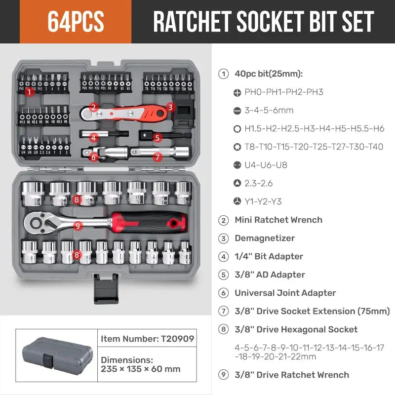 64PC 3/8" Socket & Bit Set Professional 72T Ratchet Wrench Kit Cr-V Steel Socket Extension Bar Tool Kit for Auto & Home Repair from PriceLows™