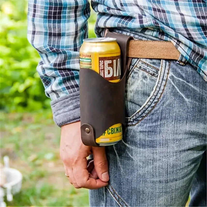 1pc PU Leather Beer Can Holder, Adjustable Waist Belt for 330ml/500ml, Waterproof Men's Outdoor Travel Accessory from PriceLows™