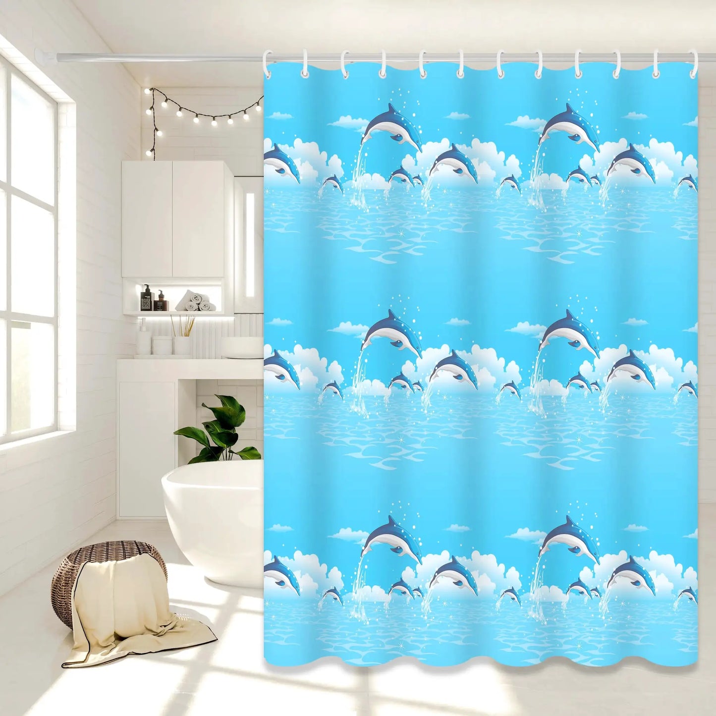Dolphin Print Cartoon Shower Curtain, Ocean-Themed Bathroom Curtain, Cute Bathroom Curtain for Parent-Child Room from PriceLows™
