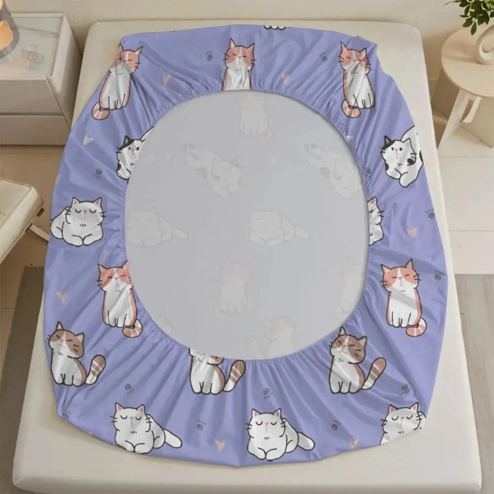 1pc Cute Cartoon Cats Print Fitted Sheet Deep Pocket Elastic Mattress Cover Single Double Queen King Bedroom Decor from PriceLows™