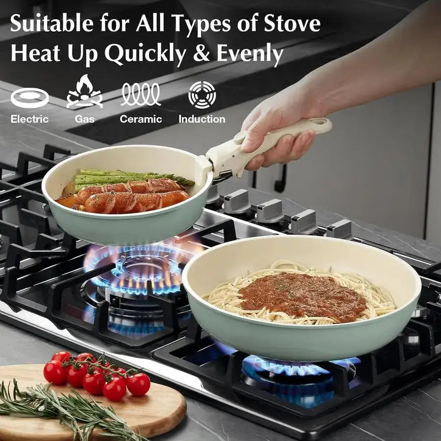 Pots and Pans Set Non Stick Green, 7 Pcs Nonstick Cookware Set with Detachable Handle RV Camping Induction Kitchen Cookware Set from PriceLows™