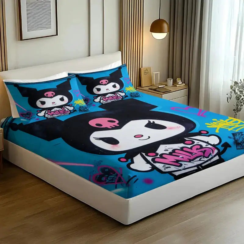 Kawaii Kuromi Cool Blue Fitted Sheet Sanrio Graffiti Print Bed Sheet Set with Pillowcases Anime Edgy Bedding Mattress Cover from PriceLows™