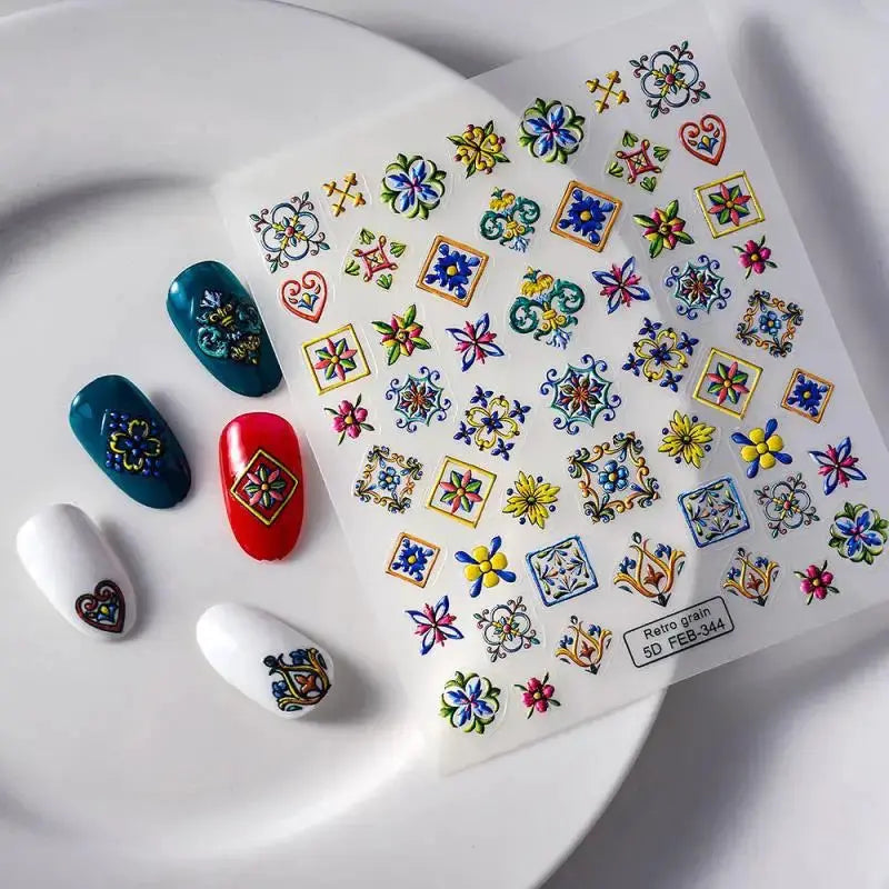 1PC Bohemia Nail Art Stickers 5D Bohemia Nail Sticker Decal Abstract Design Retro Blue Yellow Flower Self Adhesive Nail Supplies from PriceLows™