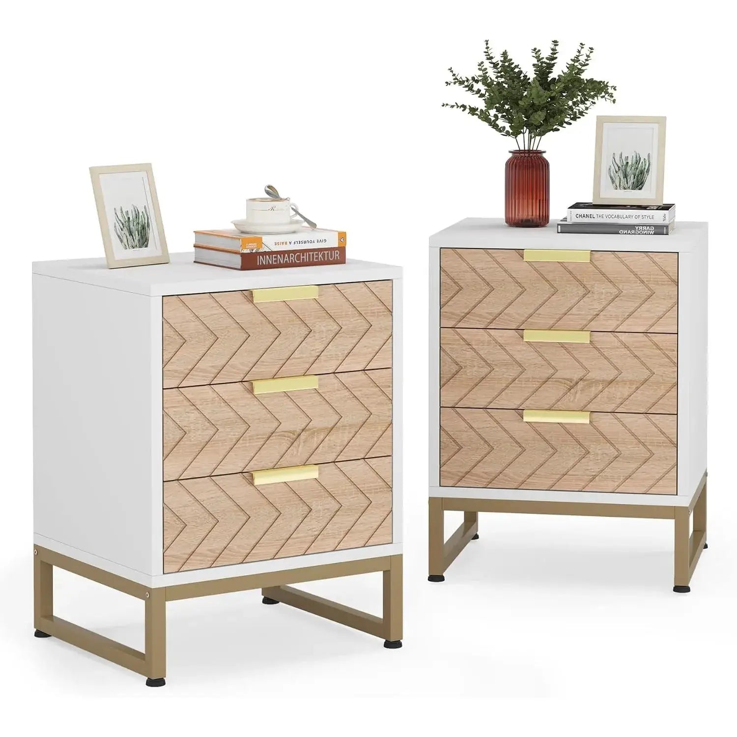 3 Drawers Nightstand, Modern Bedside Table with Unique Chevron Design, White End Side Table Night Stands for Bedroom from PriceLows™