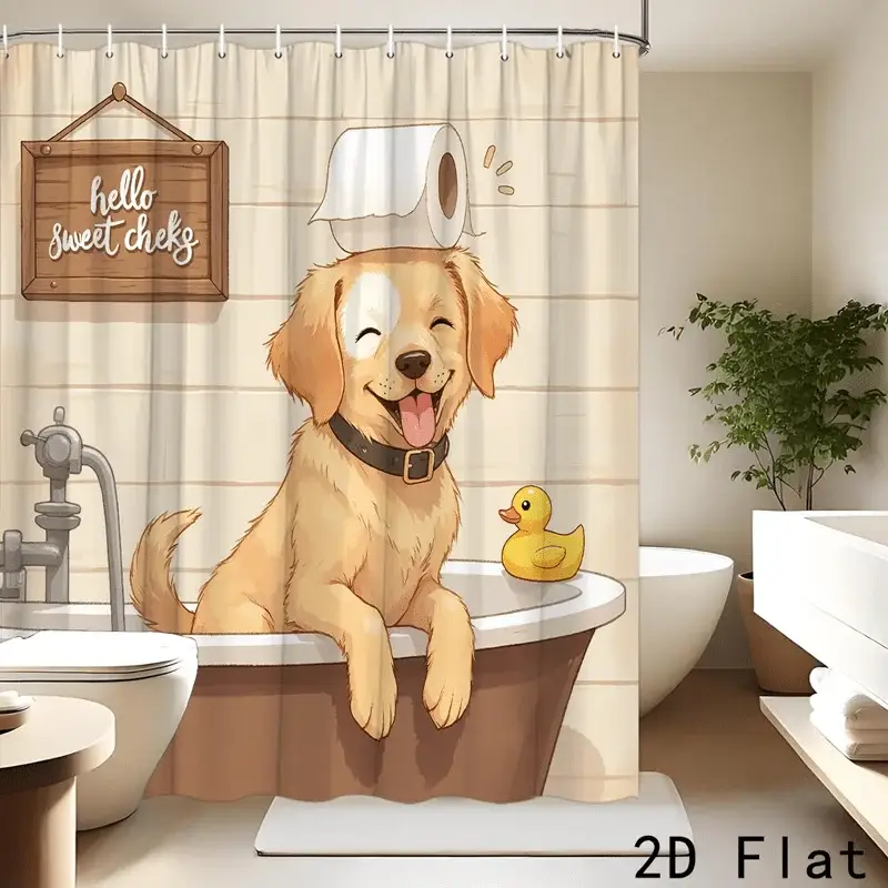 Funny Golden Retriever Shower Curtain, Cute Dog in Bathtub, Cartoon Animal Bath Decor, Waterproof Polyester Fabric Kids Bathroom from PriceLows™