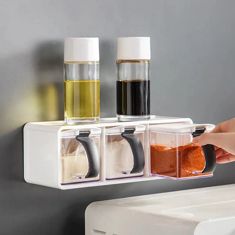 Spice Jars Set | 390ml | Three-Compartment Wall Mount | 3 Jars