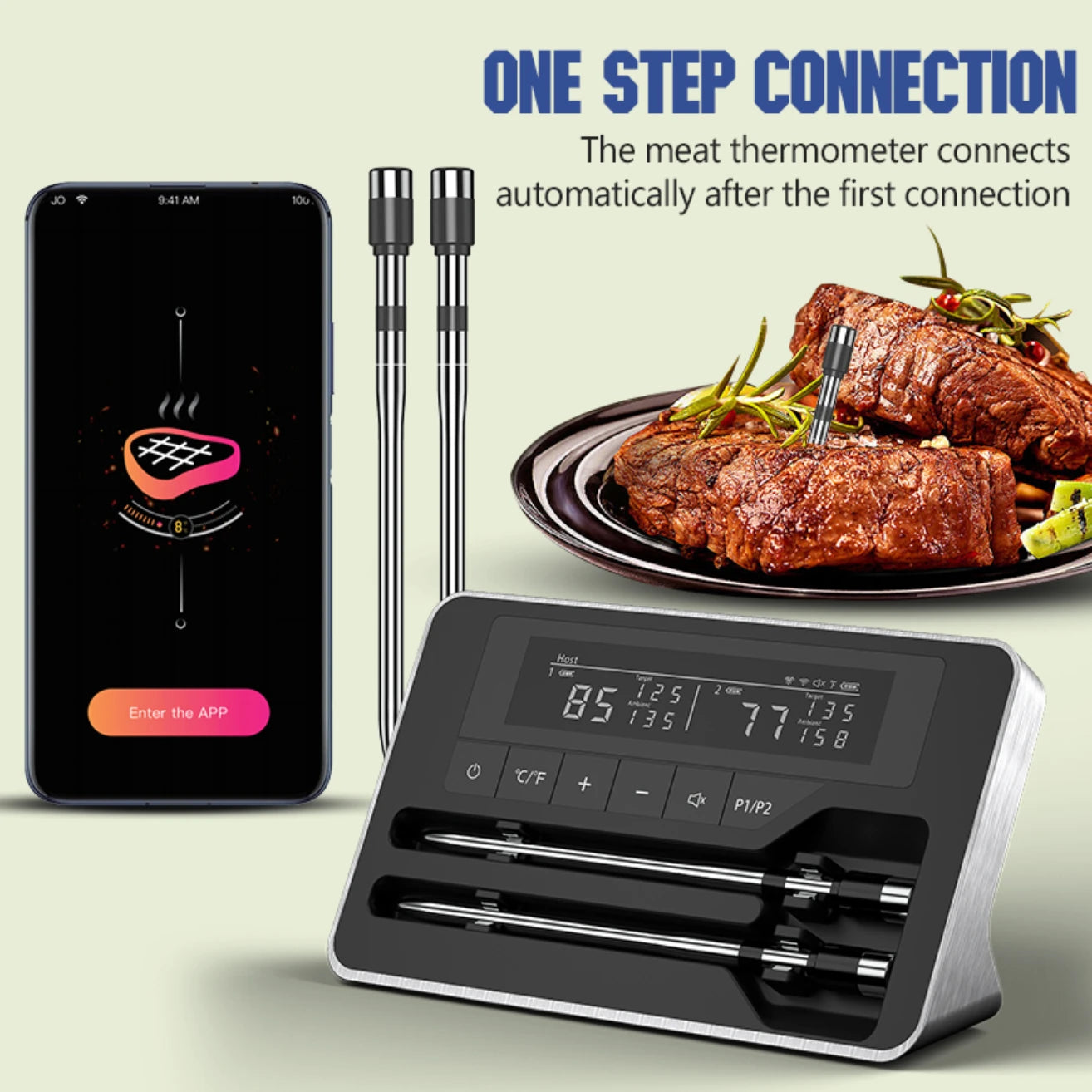 Smart Wireless Meat Thermometer | 5mm Thin Probe | Bluetooth LCD | Grill Oven