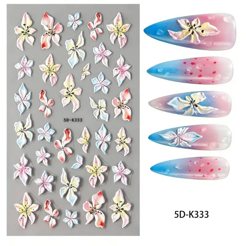 5D Embossed Green Vine Floral Nail Stickers - Matte Finish Self-Adhesive Nail Art Decals with Cartoon-Style Flowers from PriceLows™