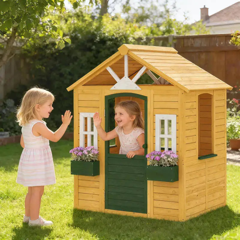 Qaba Outdoor Playhouse, Wooden Kids Playhouse with Door, 3 Windows, 2 Flower Boxes for Garden, Indoor Playroom, Ages 3–8 from PriceLows™