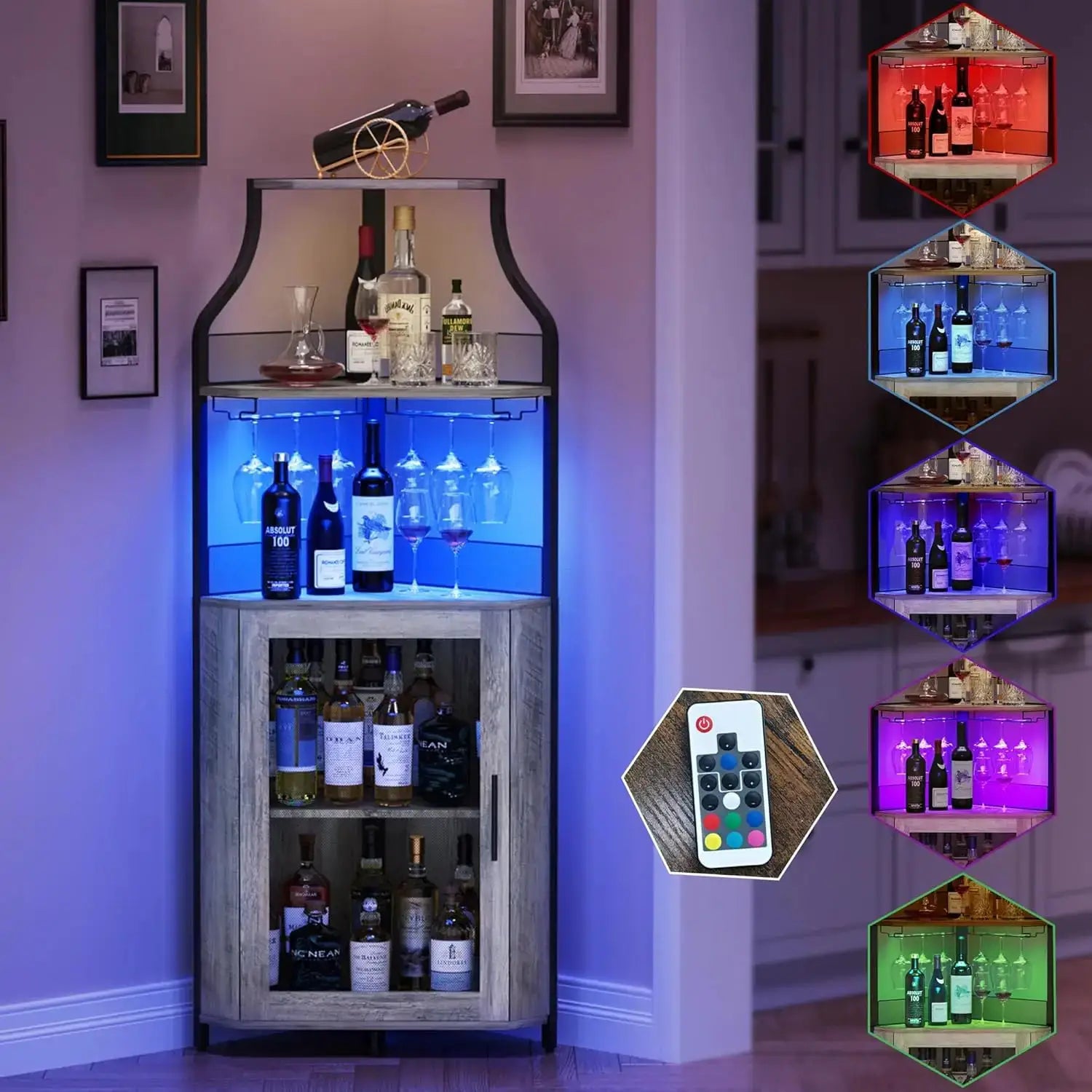 Corner Bar Cabinet Freestanding 5-Tier Wine & Spirits Rack with LED Lights Adjustable Shelves Glass Holder & Mesh Doors for Bar from PriceLows™