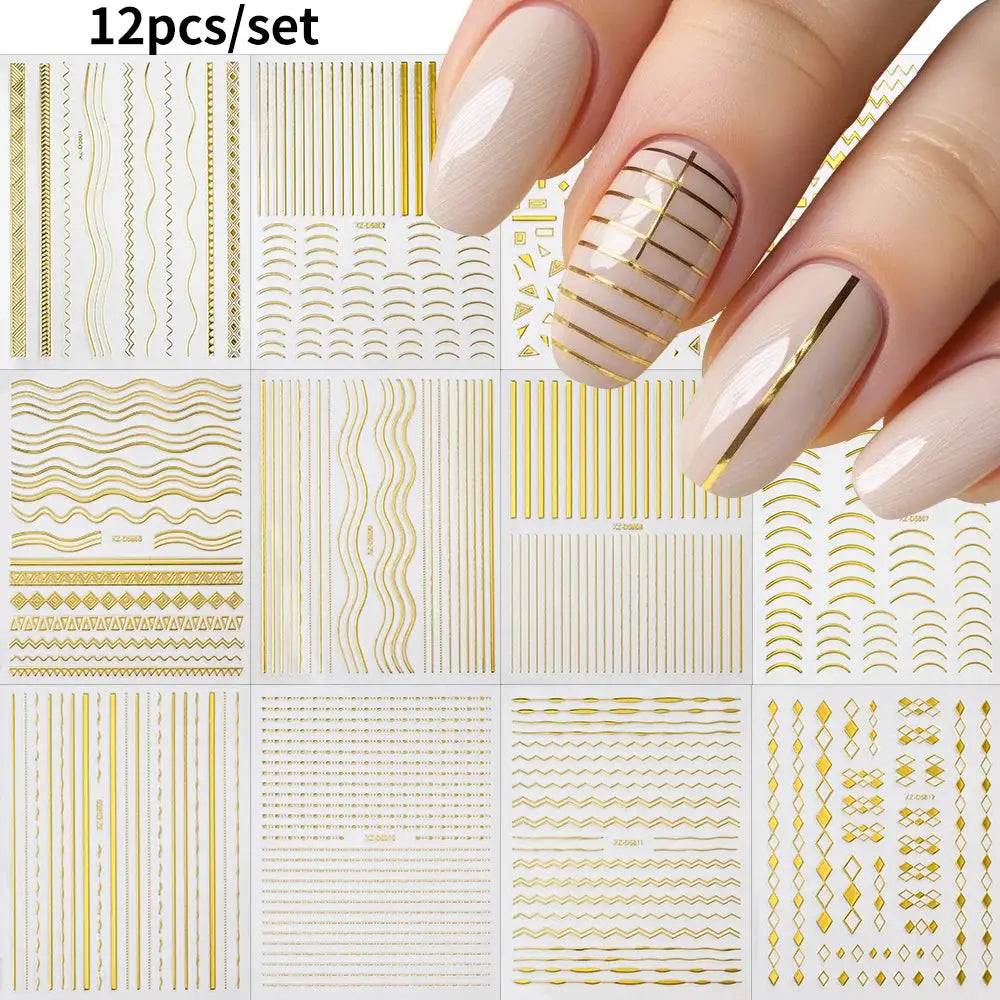 12Sheets Gold Metal Stripe Wave Nail Decals 3D Bronzing French Line/C Curve Stripe Nail Stickers 8*10cm Gold Line Nail Art Suppl from PriceLows™