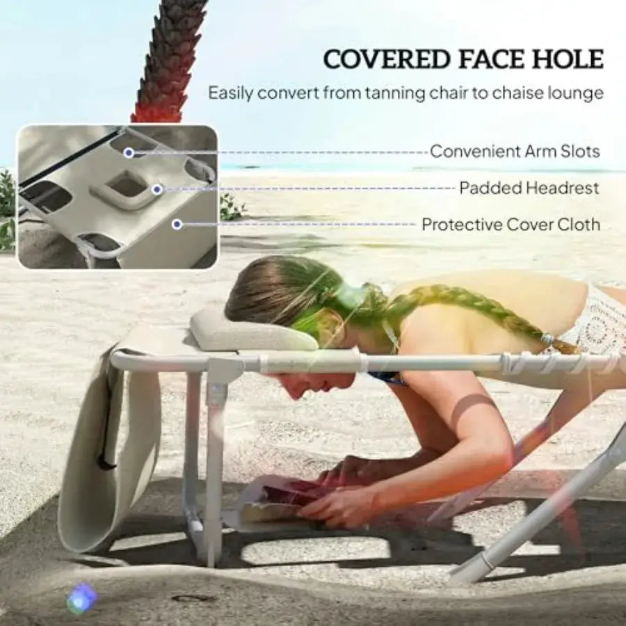 Outdoor tanning chair with face hole and side table, beige breathable mesh, 5-position reclining folding chaise lounge for beac from PriceLows™