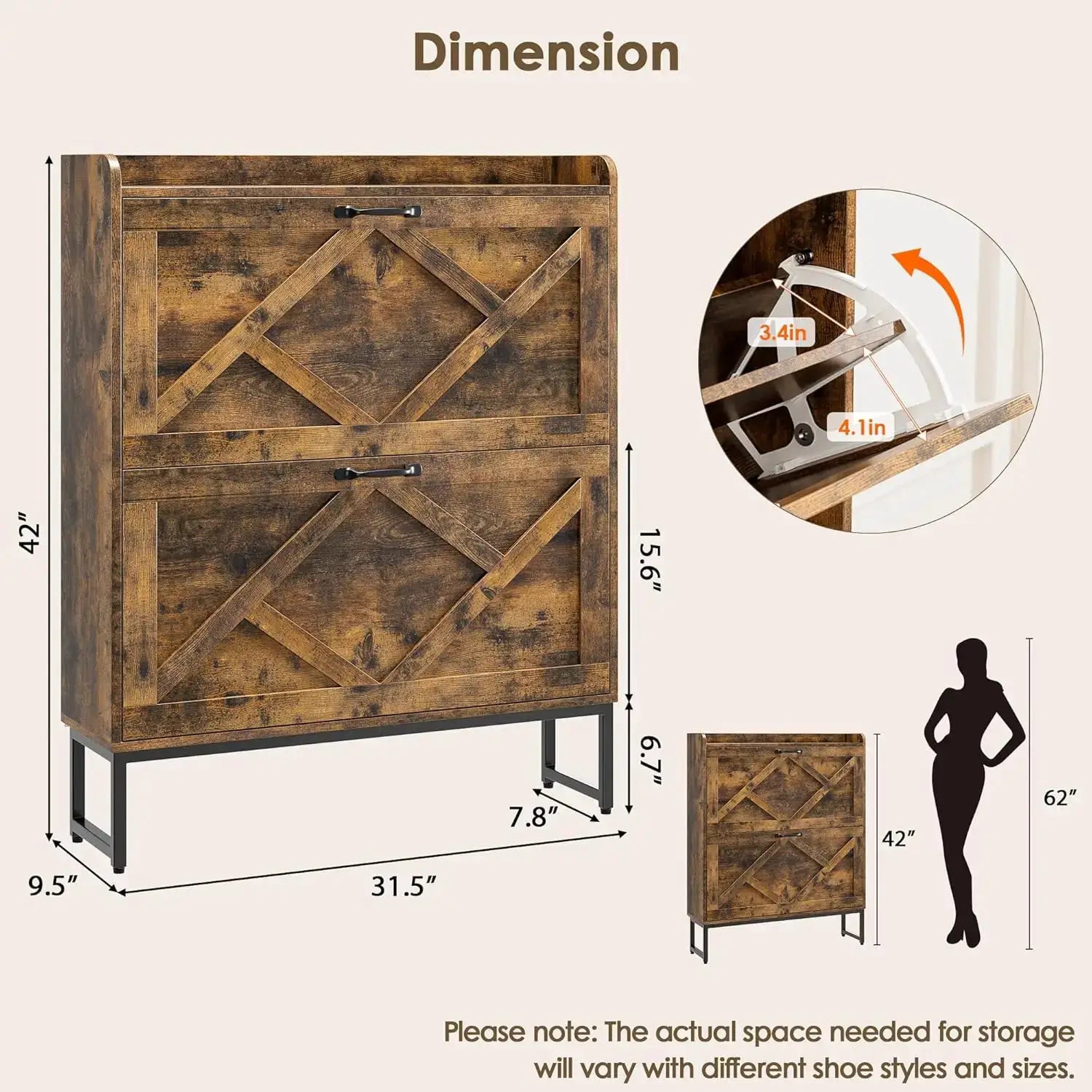 Shoe Cabinet Organizer with 2 Flip Drawers, Narrow Storage Rack with Metal Legs, Slim Entryway Furniture, Rustic Brown from PriceLows™