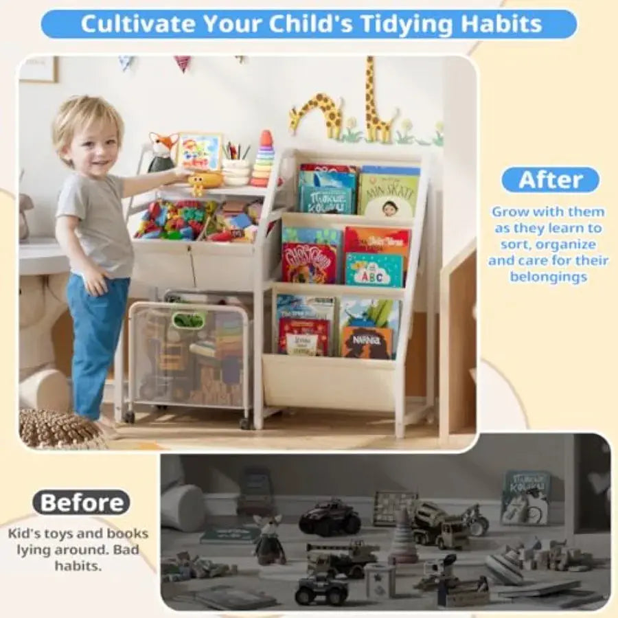 Bookshelf and Toy Storage Organizer - 3 Tier Book Shelf for Rooms with Movable Drawer Kid Bookcase with 2 Toy Bins Toddler Baby from PriceLows™