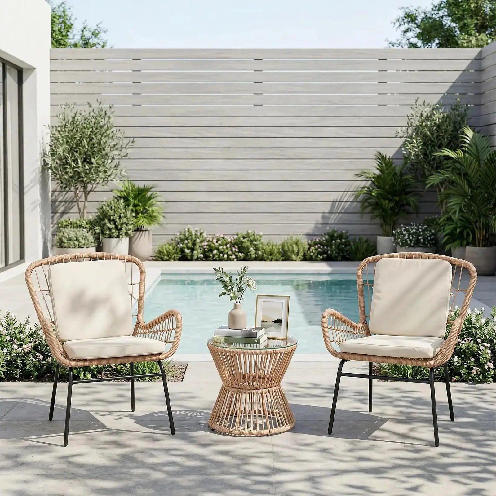 Boho 3PCS Patio Furniture Set, Outdoor PE Rattan Bistro Set With 2 Wide Cushioned Chairs & Glass Table For Deck Porch Poolside from PriceLows™