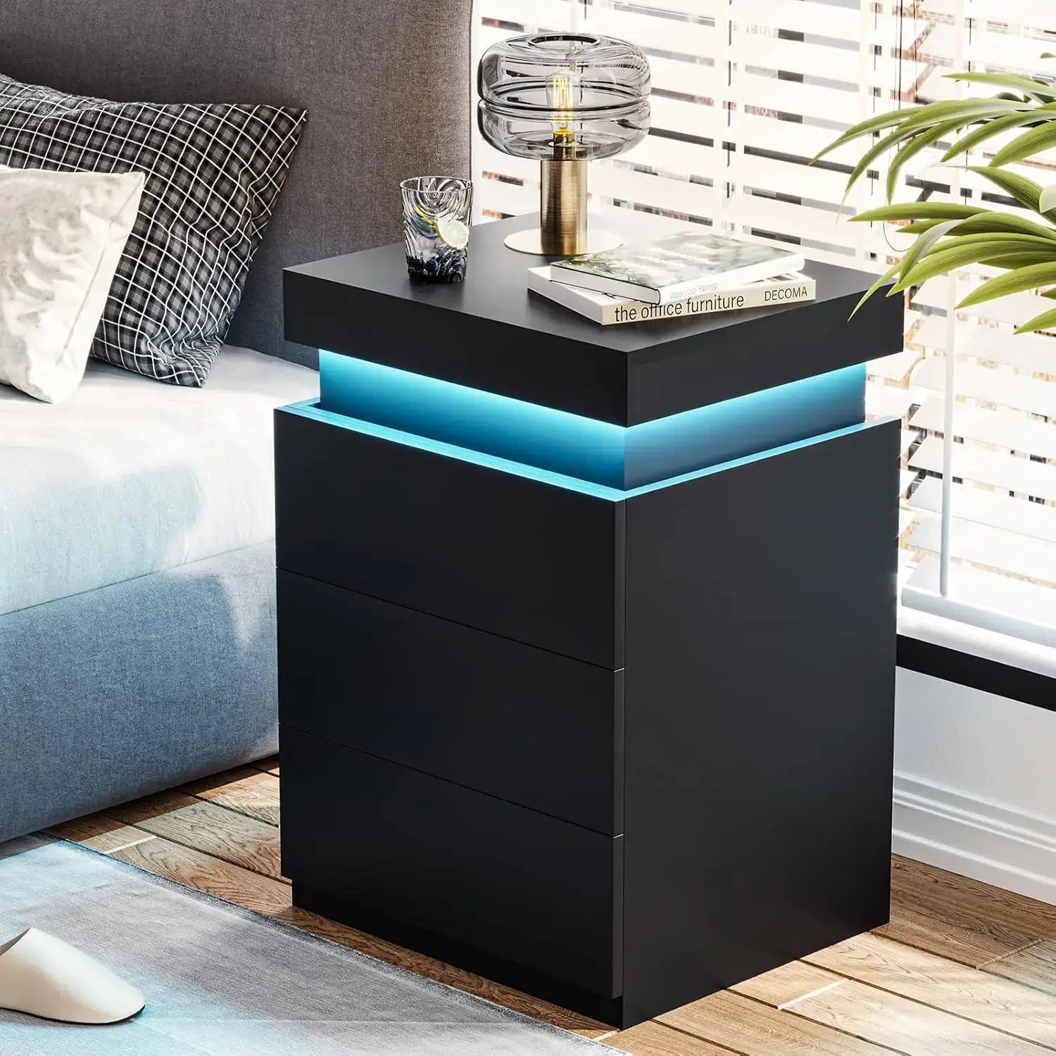 LED Nightstand with Charging Station, Sliding Top Drawer, Modern Bedside Table, Black from PriceLows™