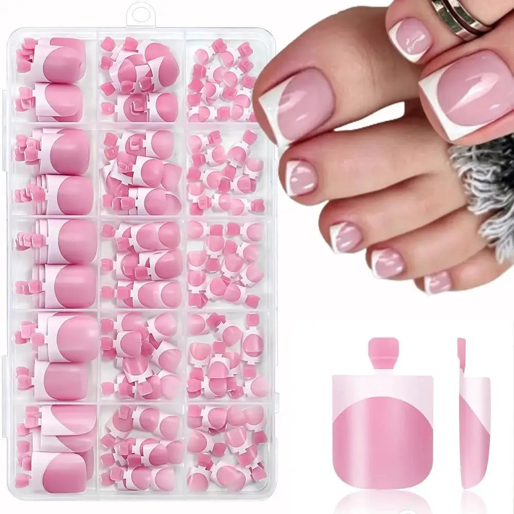 Press On Toenails | Short Square Shape | French White Tips | 150 Pcs Set