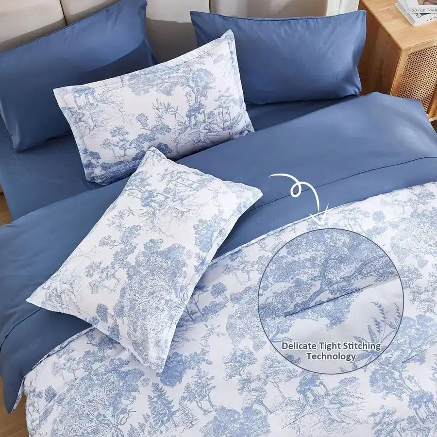 Blue Comforter Set Queen, 7 Pieces Bed in a Bag Queen Size Botanical Comforters with Sheets Elegant Plants Print Soft Microfiber from PriceLows™