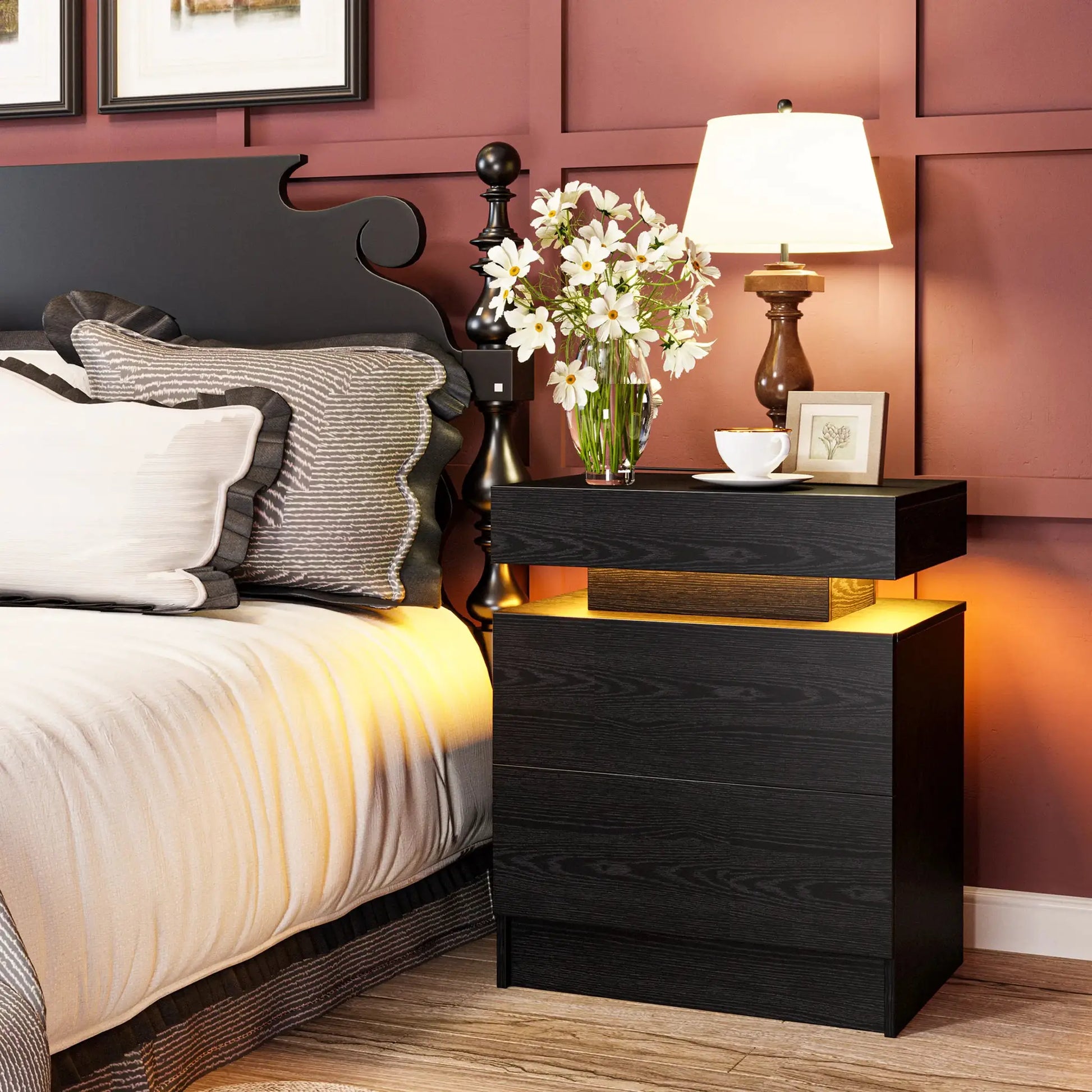 LIKIMIO Night Stand with Charging Station, Modern Nightstand with LED Light and Drawers, Bedside Tables/End Table for Bedroom from PriceLows™