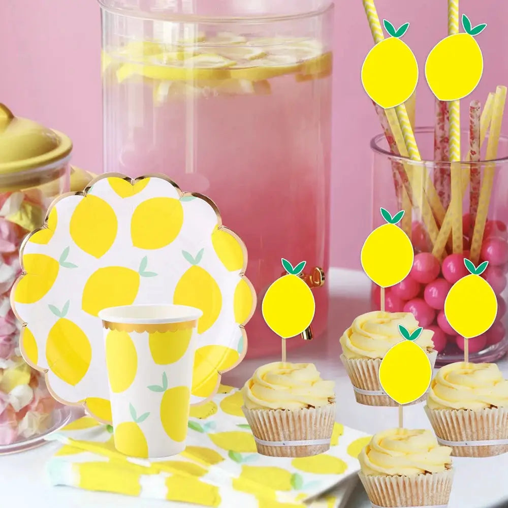 Lemon Disposable Party Tableware Set | Brown Paper Cups Plates Cake Toppers