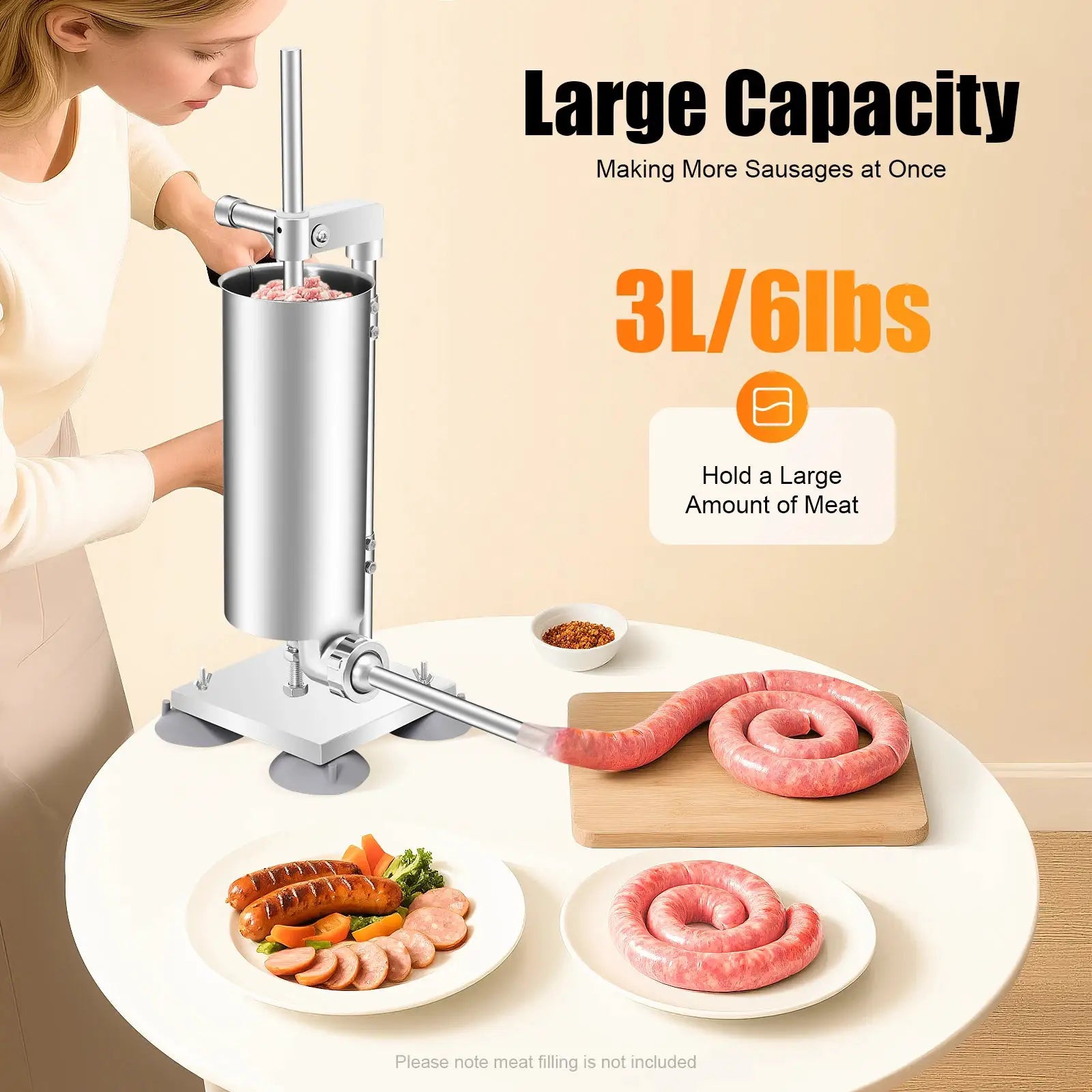 3L/6lbs Manual Sausage Stuffer, Home Use Vertical Sausage Filler Machine with 6 Different Inner Diameter Tubes from PriceLows™