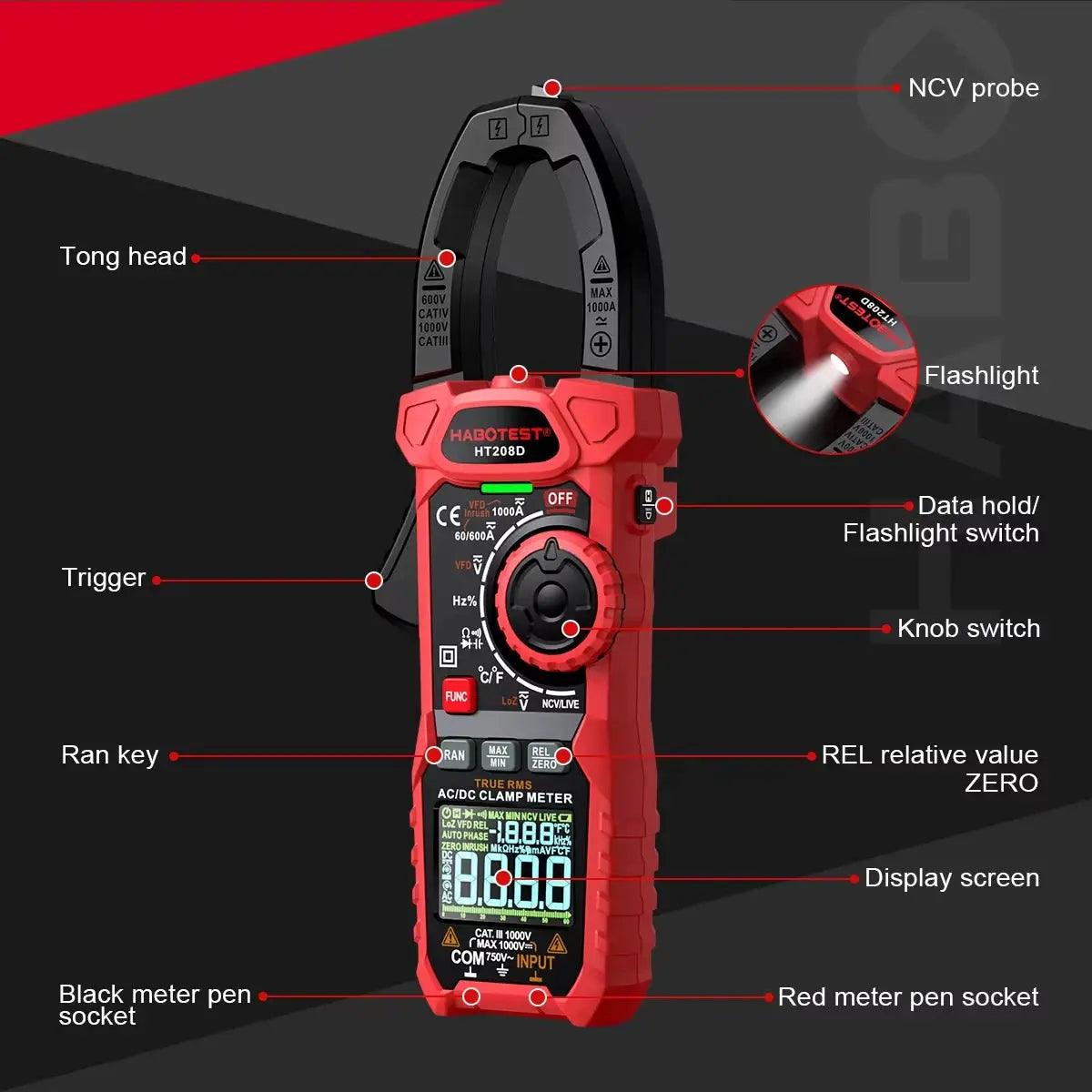 HABOTEST HT208 Clamp Meter 1000A 1000V AC DC True RMS Digital Clamp Meter Amperimetrica Capacitance Temperature Ohm Hz Tester from PriceLows™