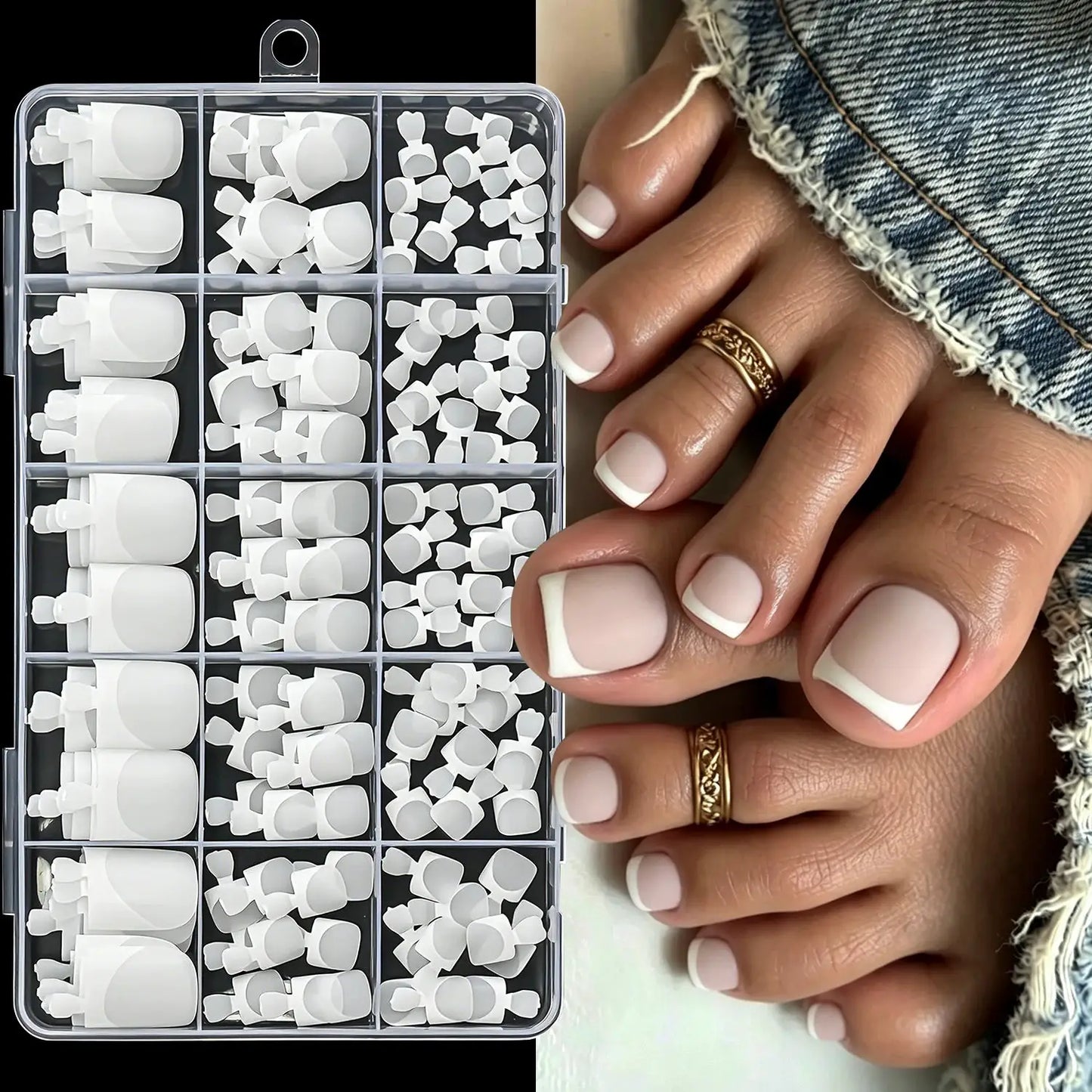 Press On Toenails | Short Square Shape | French White Tips | 150 Pcs Set