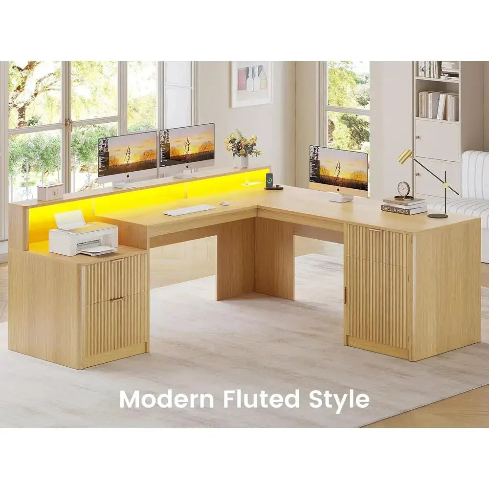 66 Large L-Shaped Desk with Drawers, Hutch, File Cabinet, Printer Shelf, Wood Executive Desk with Monitor Stand, Power Outlets, from PriceLows™