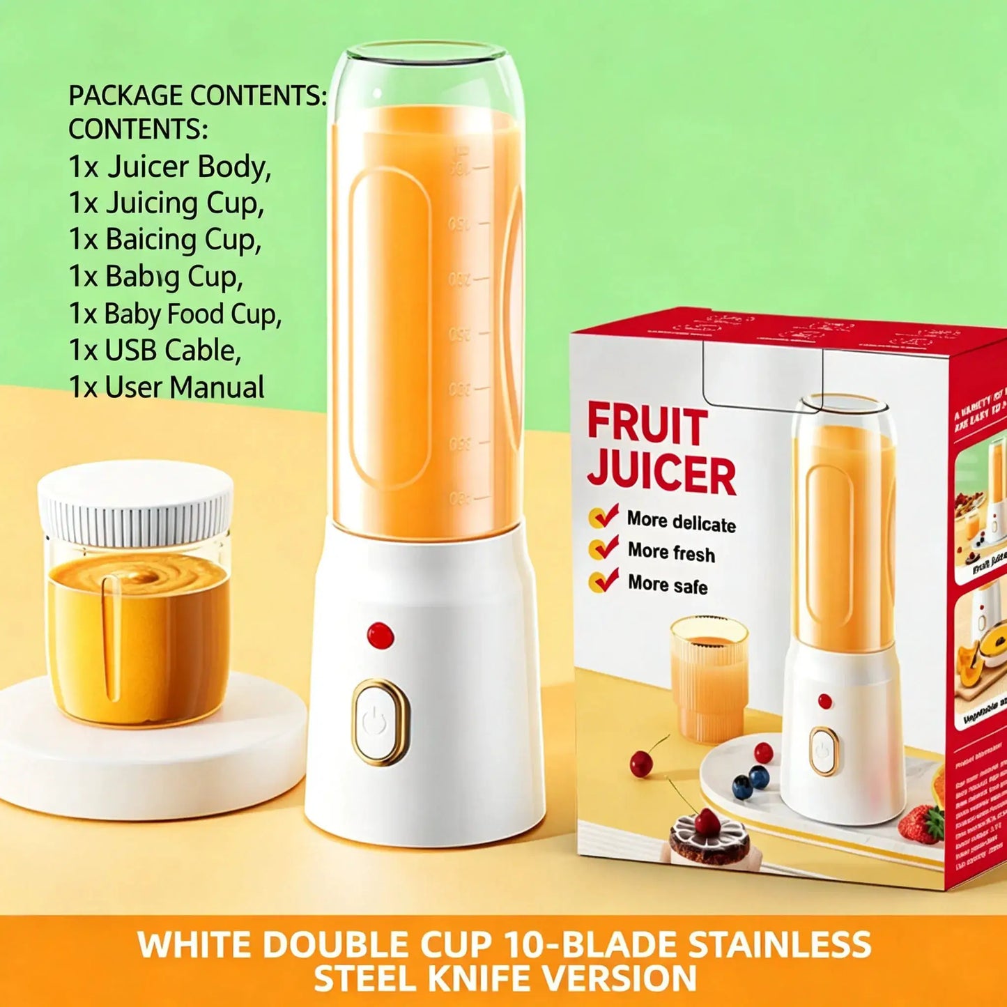 Portable Fruit Juicer Blenders Outdoor Personal Electric Mini Bottle Home USB Charge 10 Blades Double Cup Juicer Machine from PriceLows™