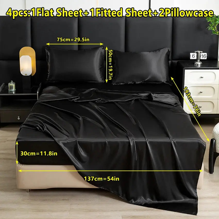 【Mother's Day Gift】4-Piece Set of Solid Color Satin Bed Sheet Set (1 Flat Sheet + 1 Fitted Sheet + 2 Pillowcases), Luxurious and Soft, with a Natural Luster, Skin-Friendly and Breathable Bedding from PriceLows™