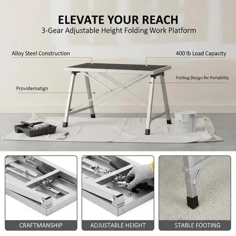 Work Platform, 3 Gear Adjustable Height, Folding Alloy Steel Step Ladder, Portable Scaffolding Platform, 400 lb Load Capacity, Non-Slip Rubber Feet, Drywall Painting Stool, for Cleaning &Washing from PriceLows™