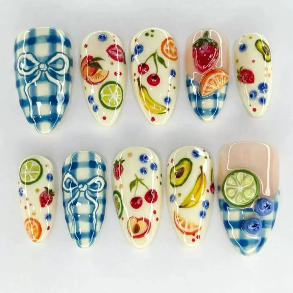 Press On Nails | Almond Shape | Green Lotus Frog Design | 24 Piece Kit