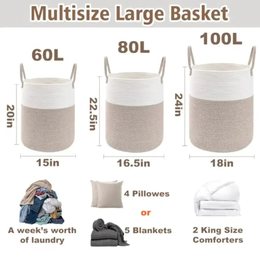 Large Woven Laundry Basket Hamper, Cotton Rope Storage Bin for Blankets, Toys and Clothes, Decorative Tall Nursery Hamper for L from PriceLows™