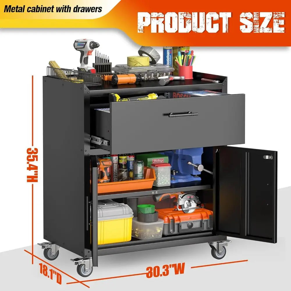 Metal Storage Cabinet with Wheels, 1 Drawer 2 Locking Doors Rolling Tool Chest for Garage, Office, Storeroom, Basement, Black from PriceLows™