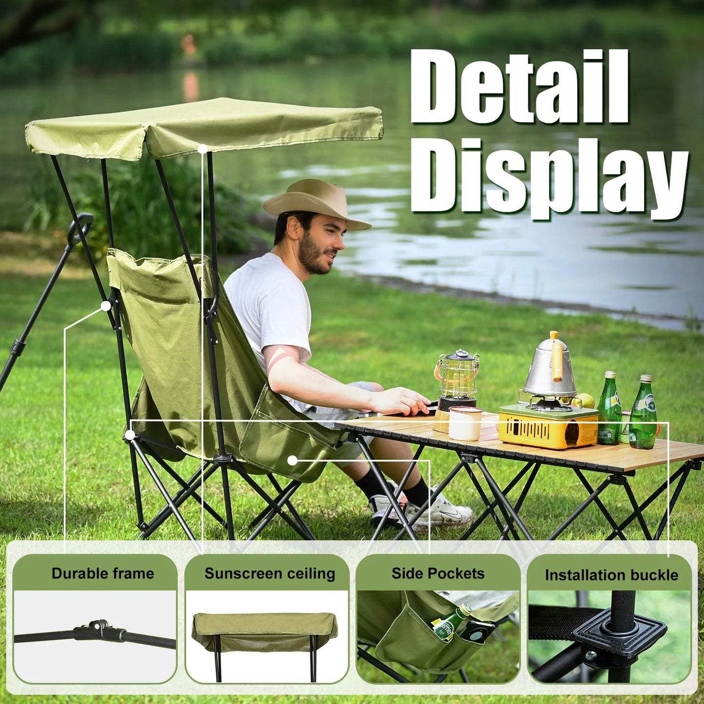 Portable Camping Chair | Shade Canopy | Lightweight Foldable | One Size