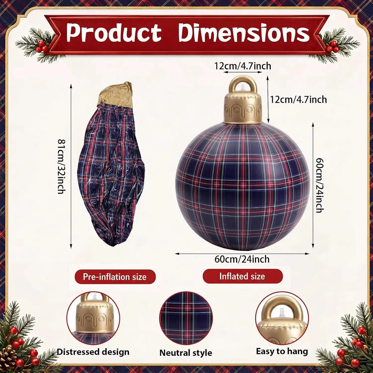 Christmas Inflatable Balls | Set Of 3 | 32 Inch | Tartan Pattern