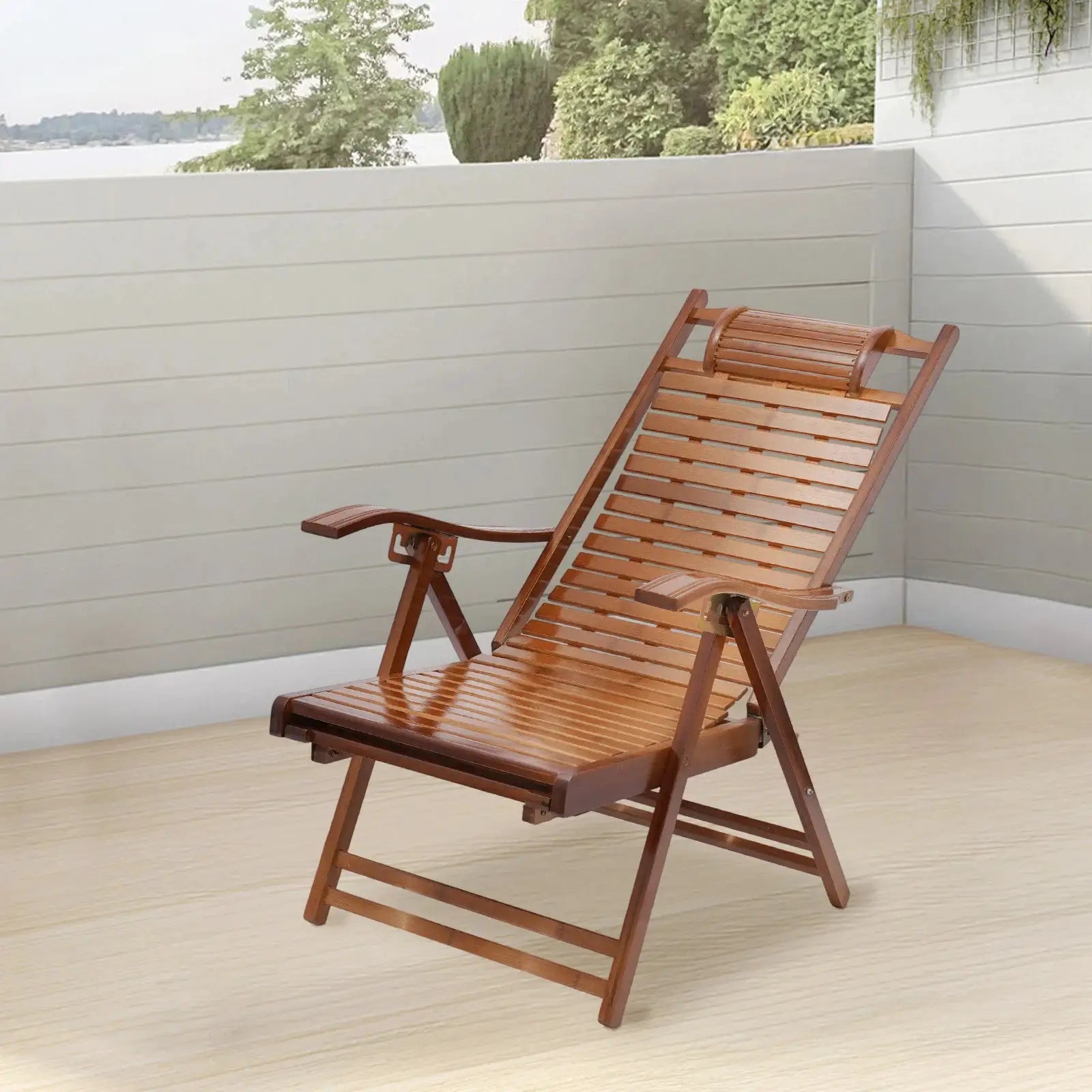 Bamboo Folding Lounge Chair Adjustable Backrest(Maximum 160°) Folding Chair with Massage Hammer for Terrace Bedroom Garden from PriceLows™