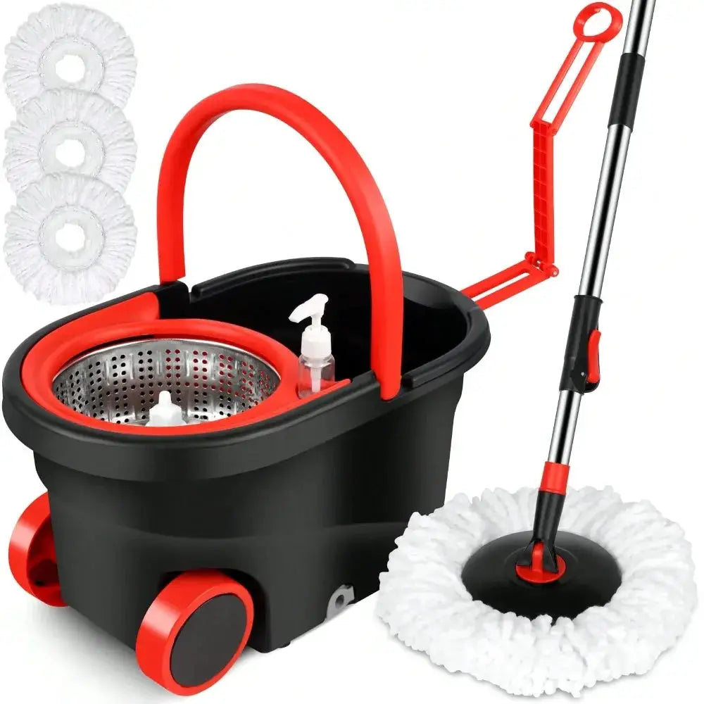 360° Spin Mop Bucket Set with Soap Dispenser, 2 Reusable Microfiber Heads, 61" Stainless Steel Handle Floor Cleaner from PriceLows™