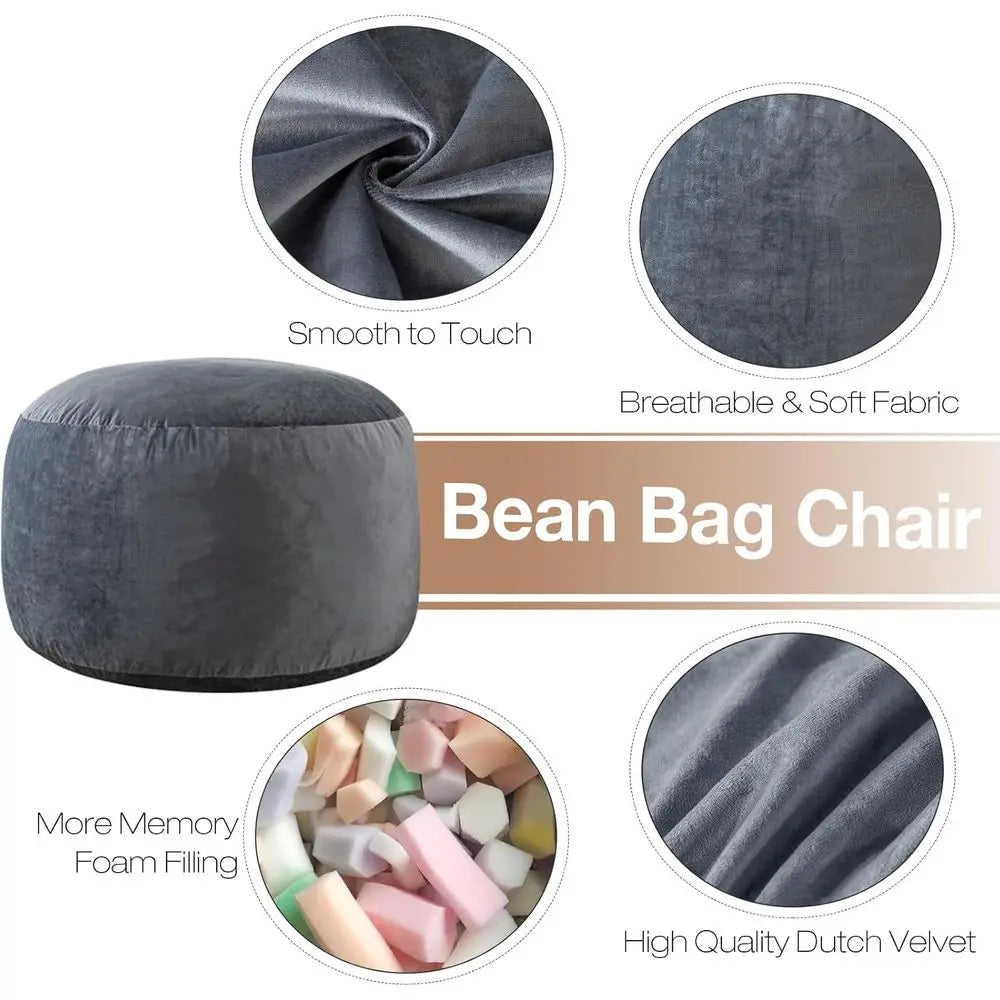 Bean Bag Chair | Memory Foam | 3 Foot | Grey Velvet